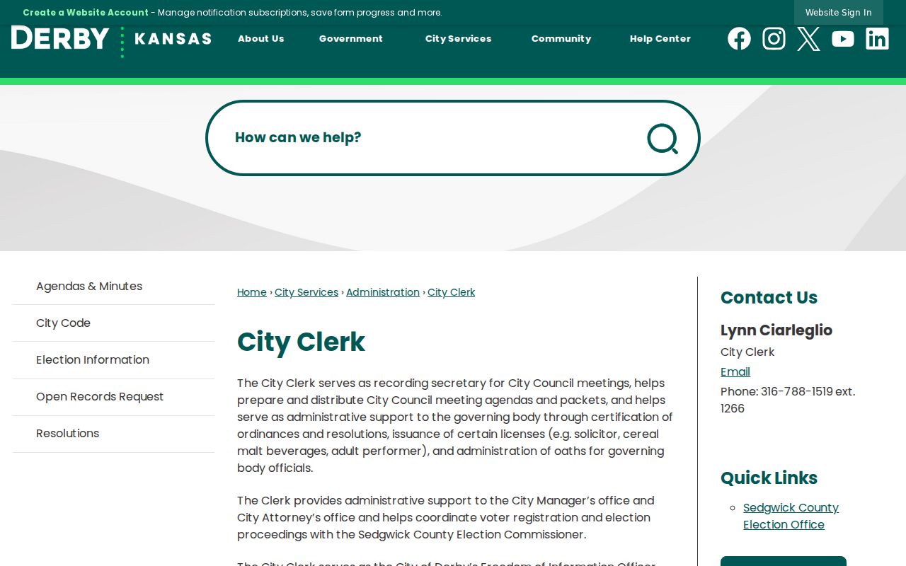Official Derby City Clerk records page